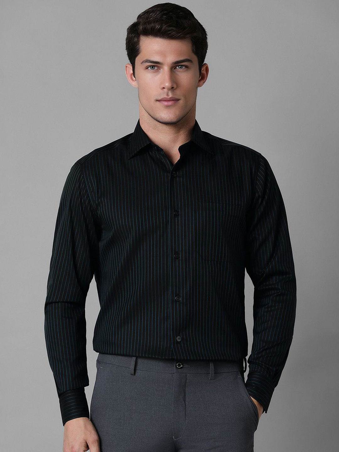 

Louis Philippe Men Spread Collar Striped Cotton Formal Shirt, Black