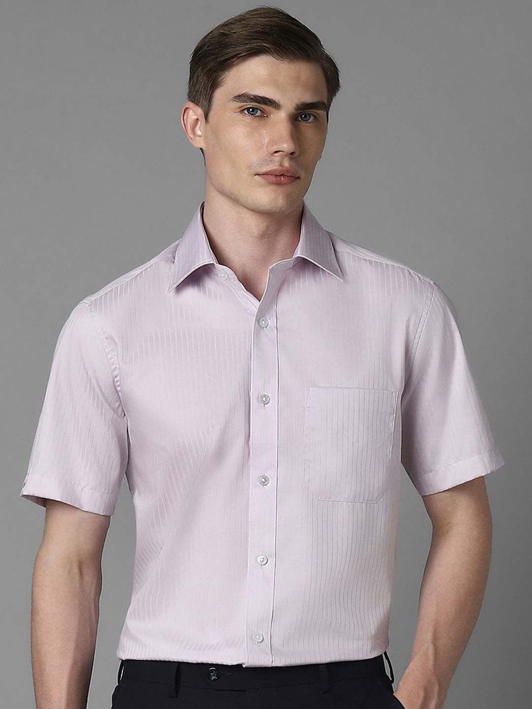 

Louis Philippe Men Spread Collar Striped Cotton Formal Shirt, Purple