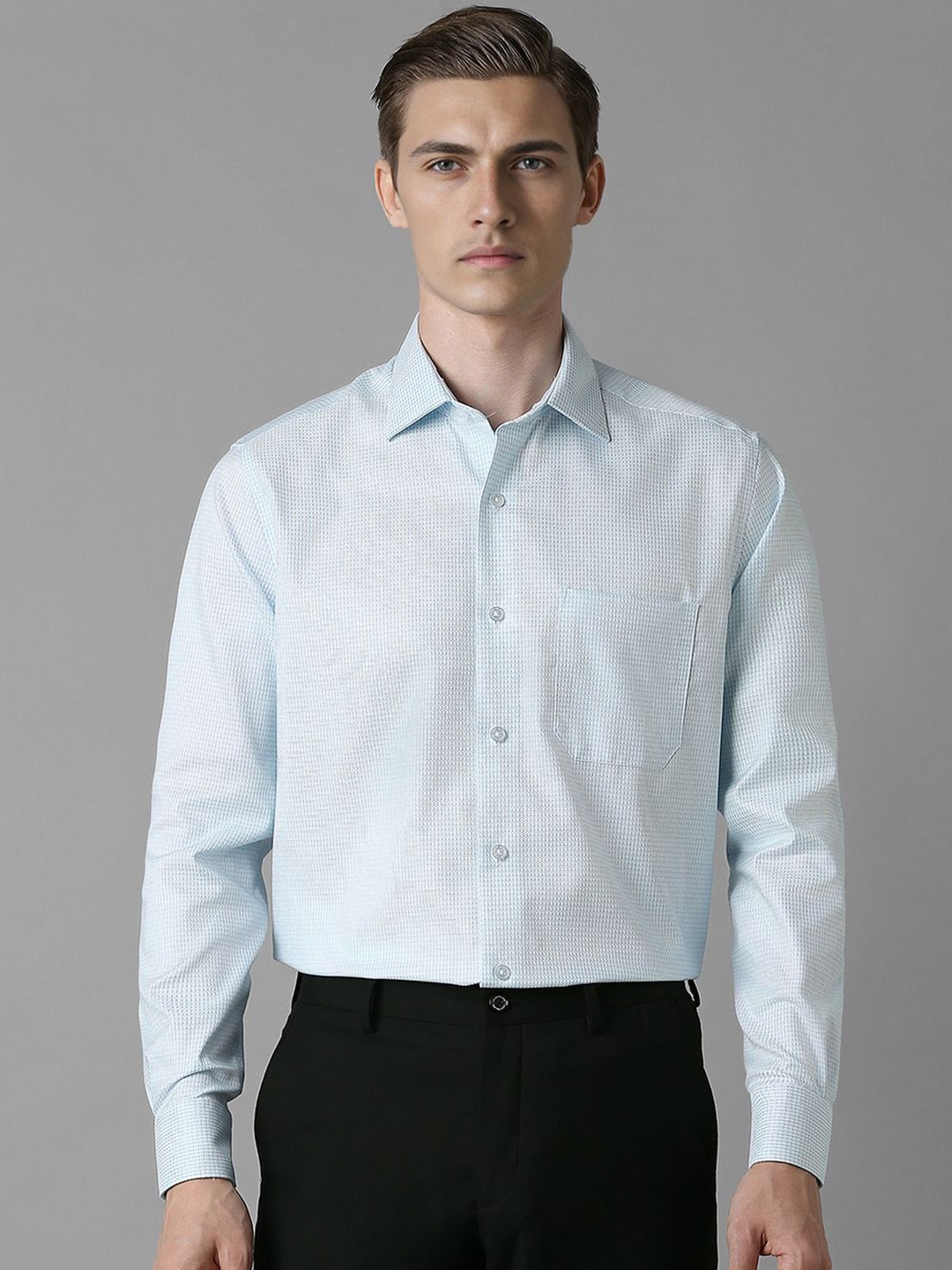 

Louis Philippe Men Spread Collar Solid Printed Cotton Formal Shirt, Blue