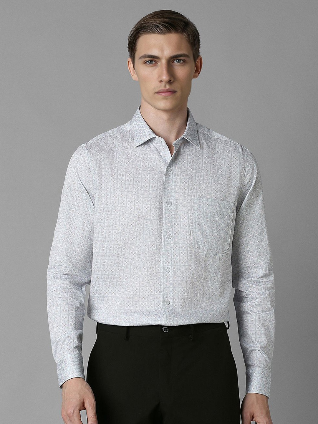 

Louis Philippe Men Spread Collar Abstract Printed Cotton Slim Fit Formal Shirt, Blue