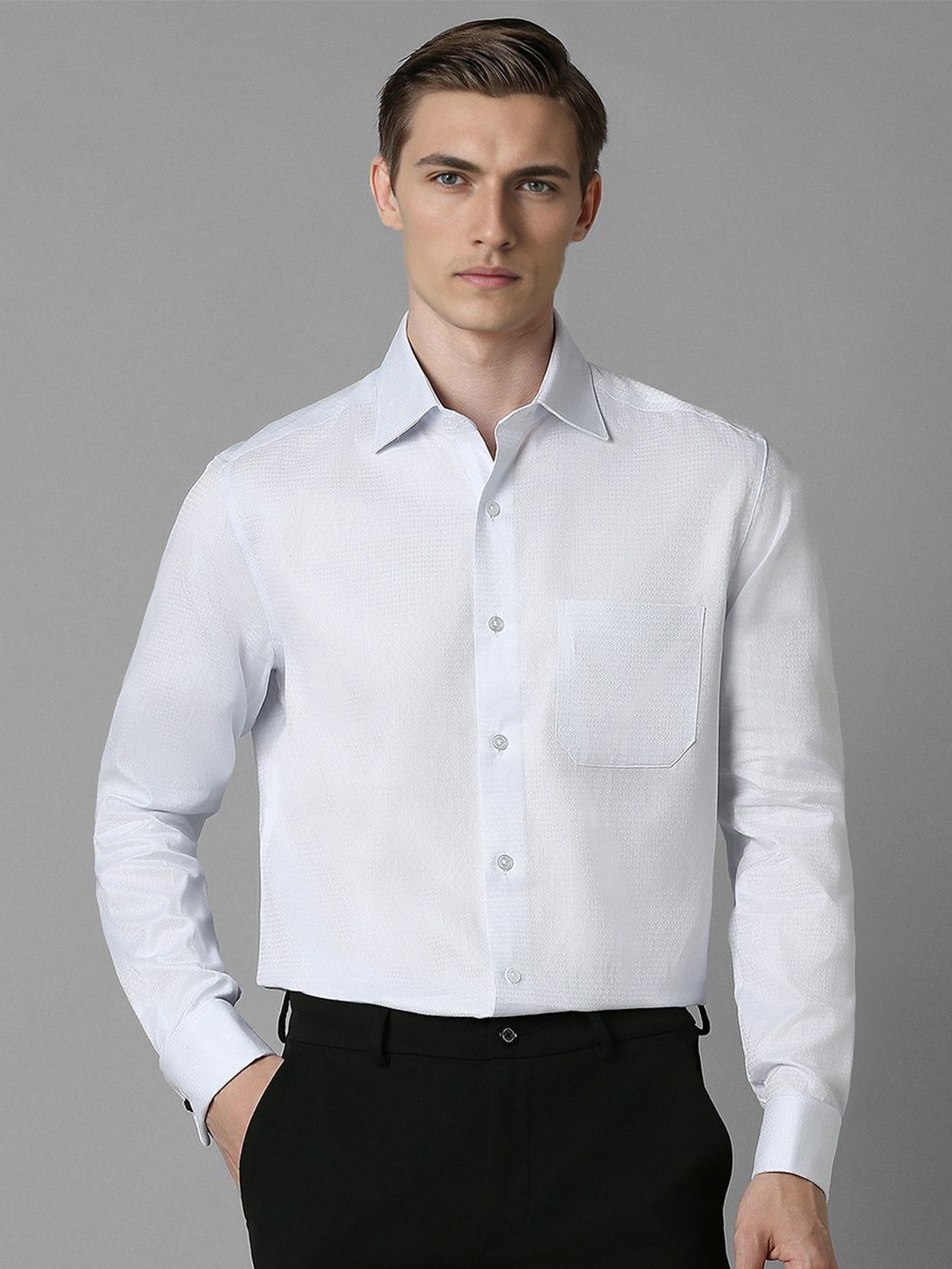 

Louis Philippe Men Spread Collar Textured Cotton Formal Shirt, Blue