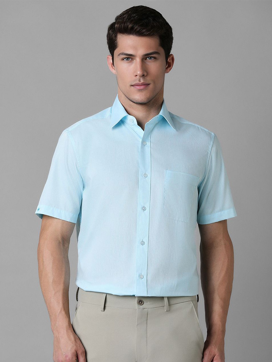 

Louis Philippe Men Spread Collar Solid Striped Cotton Formal Shirt, Blue