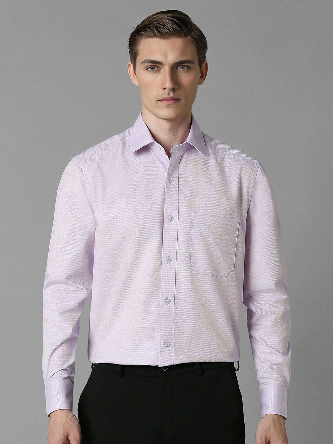 

Louis Philippe Men Spread Collar Textured Solid Cotton Formal Shirt, Purple