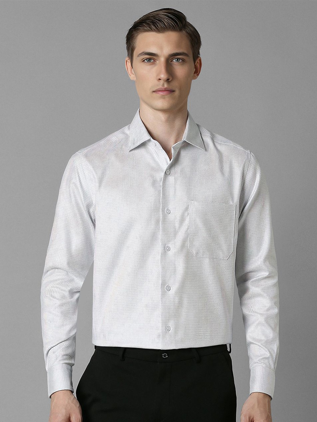 

Louis Philippe Men Spread Collar Textured Cotton Formal Shirt, Grey