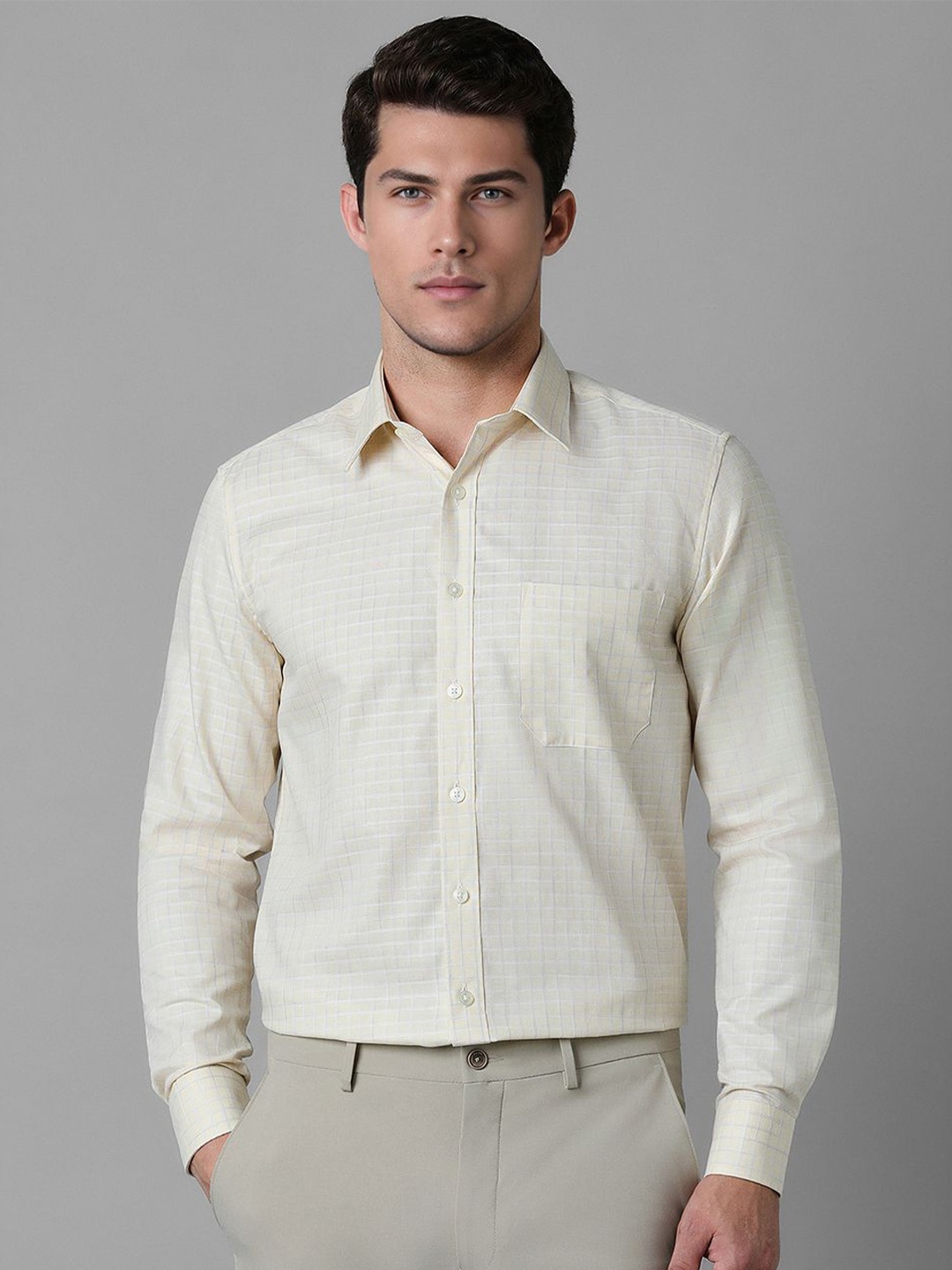 

Louis Philippe Men Spread Collar Tartan Checked Cotton Slim Fit Formal Shirt, Cream