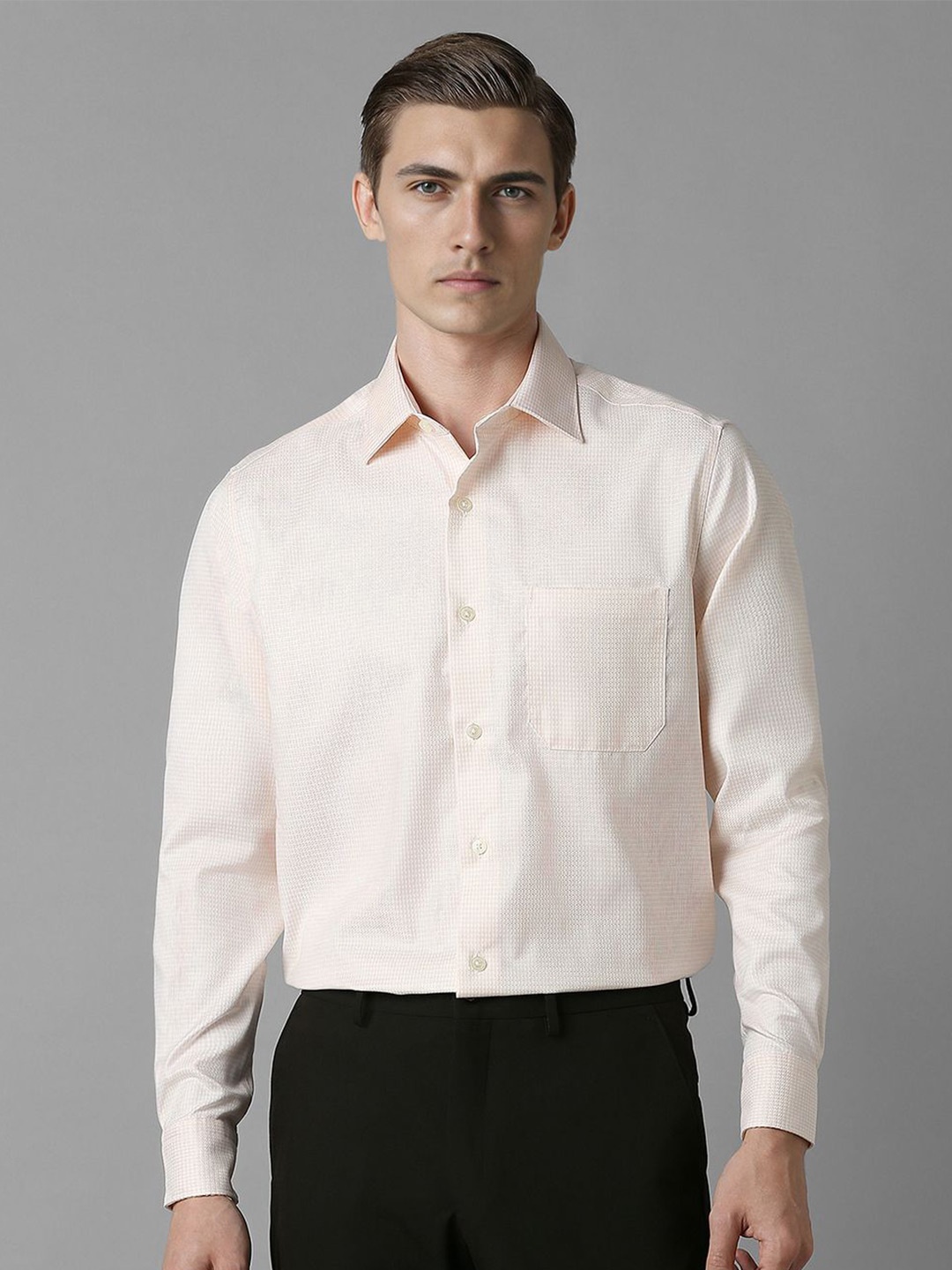 

Louis Philippe Men Spread Collar Textured Cotton Formal Shirt, Peach