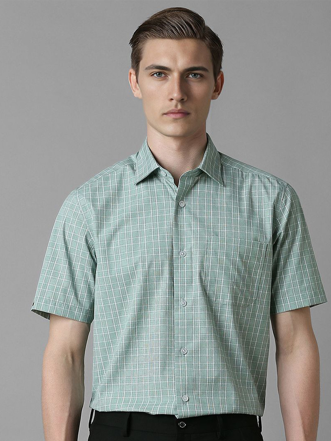 

Louis Philippe Men Spread Collar Checked Cotton Formal Shirt, Green
