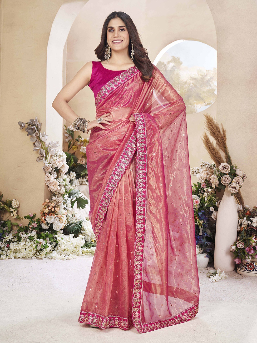 

Ethnielle Floral Embroidered Net Saree, Gold