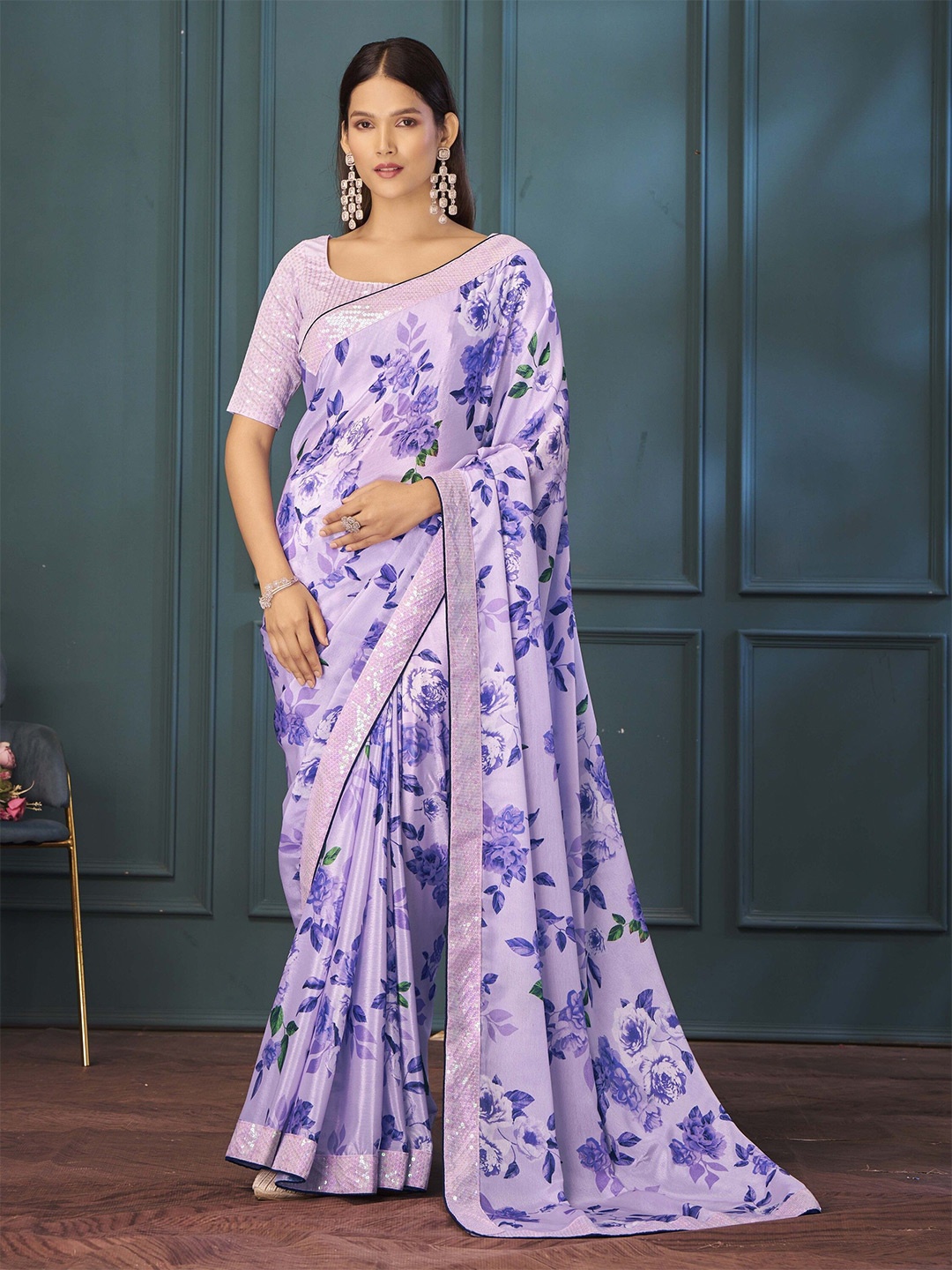 

Ethnielle Sequinned Floral Saree Woth Blouse, Lavender