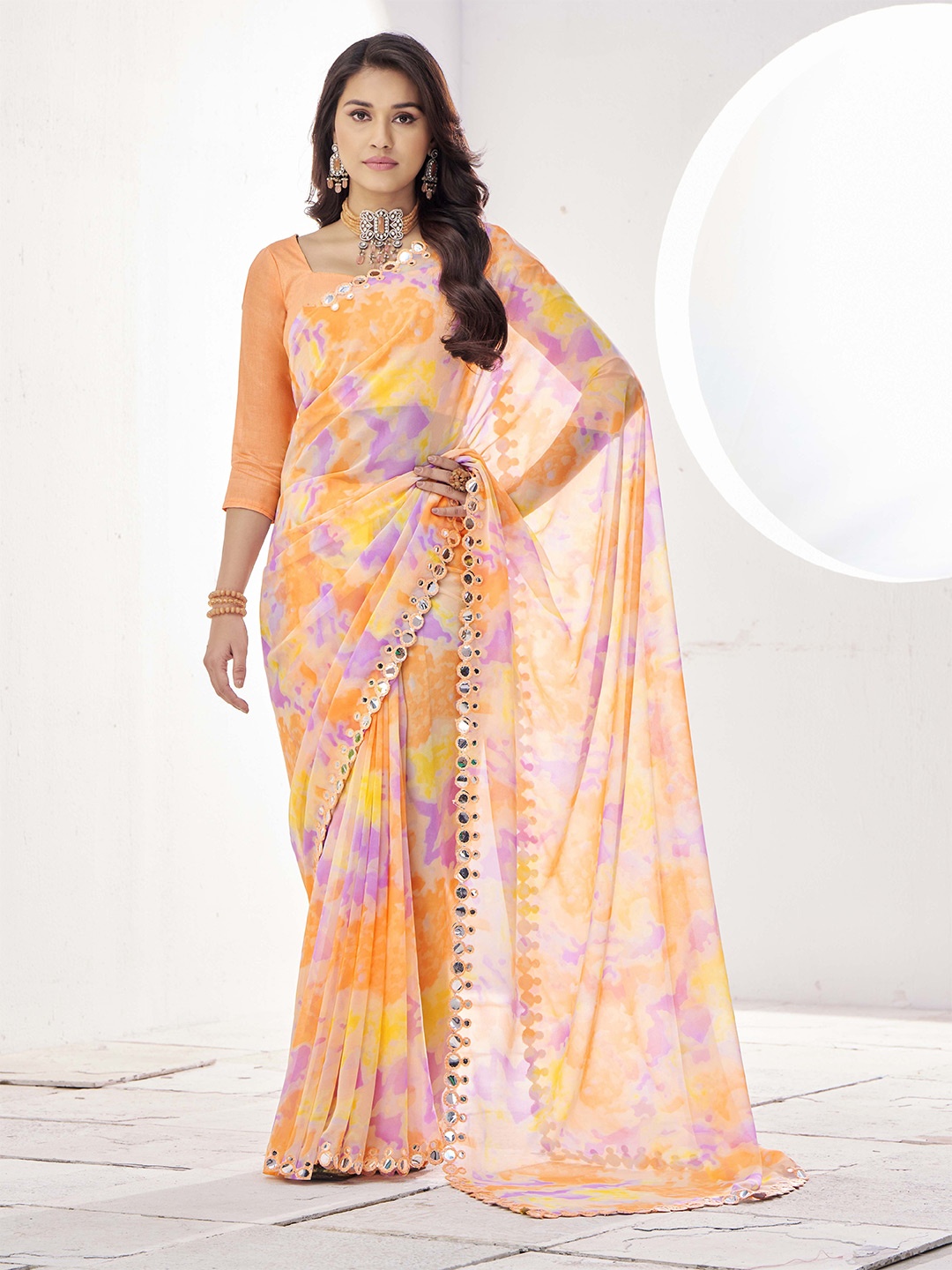 

Ethnielle Abstract Mirror Work Saree, Orange