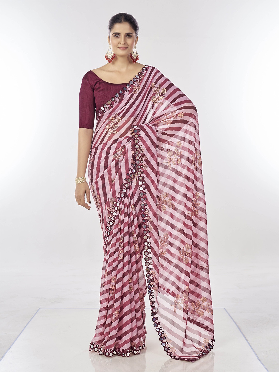 

Ethnielle Embroidered Sequinned Pure Georgette Leheriya Saree, Maroon