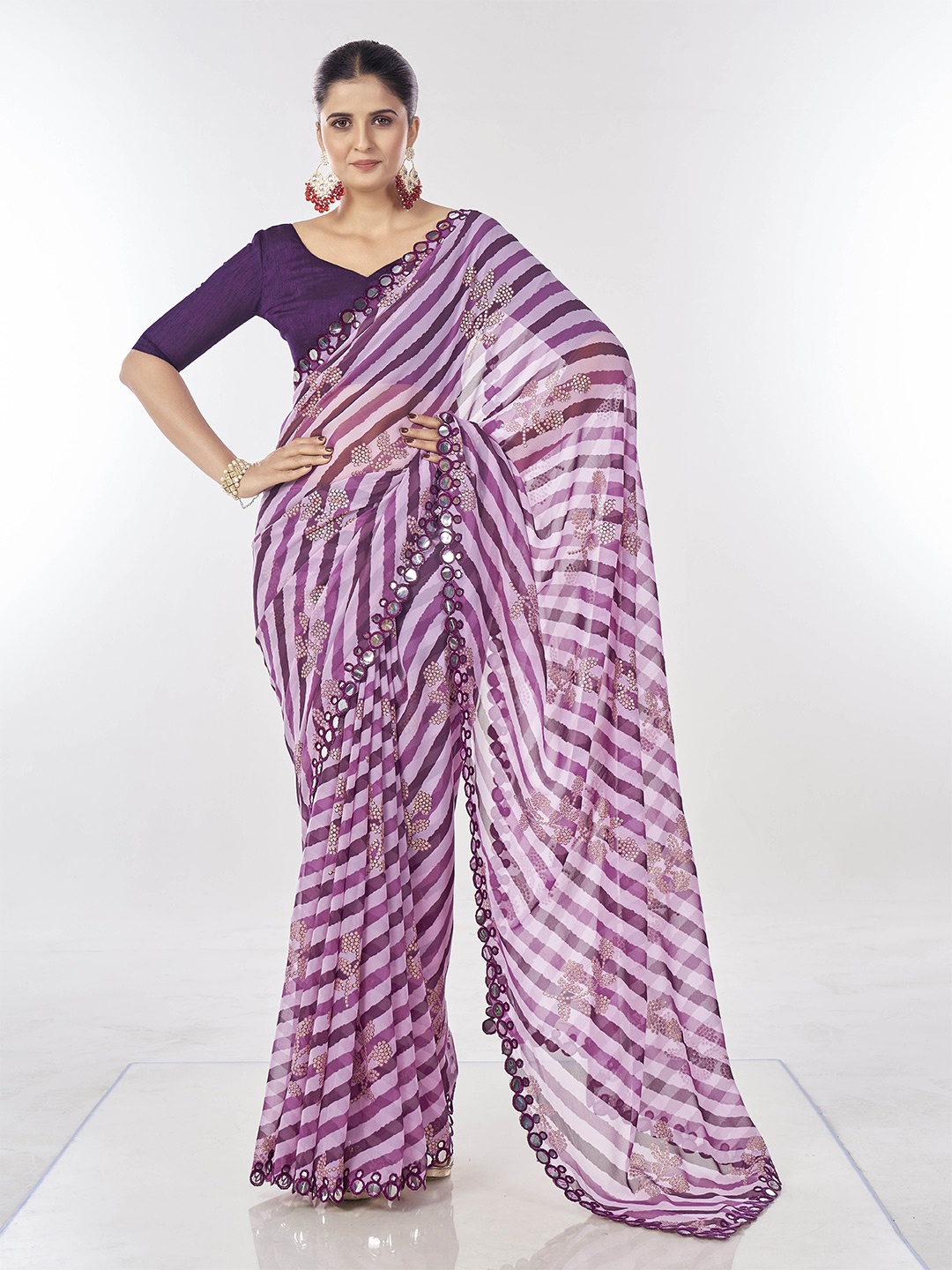 Ethnielle Striped Mirror Work Pure Georgette Leheriya Saree, Purple