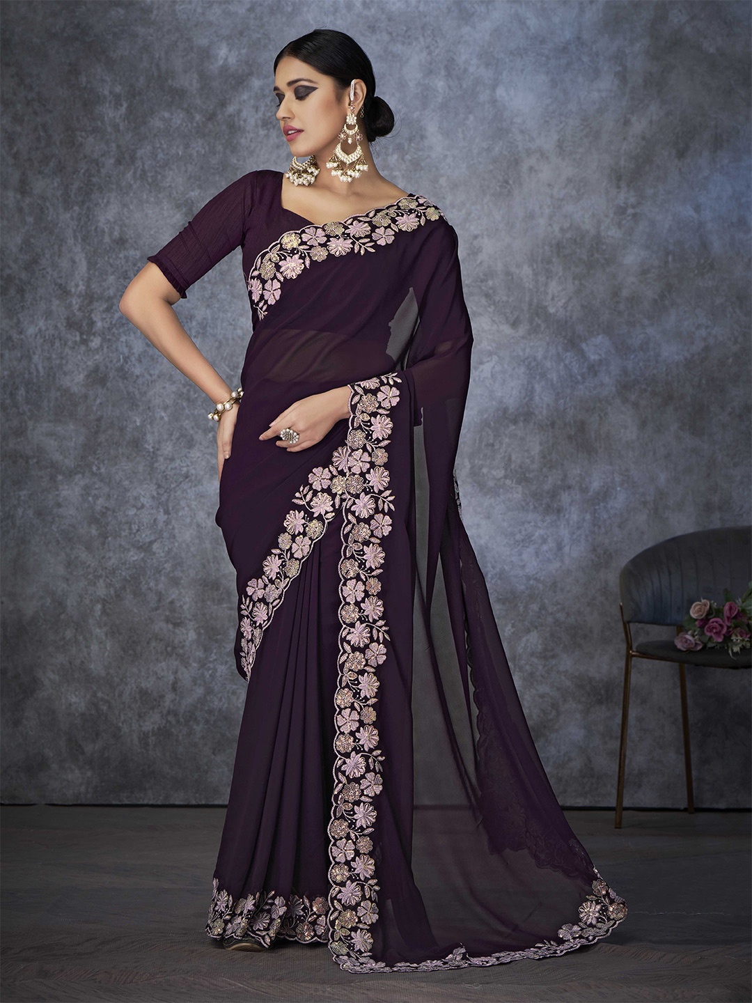 

Ethnielle Sequinned Pure Georgette Saree, Maroon