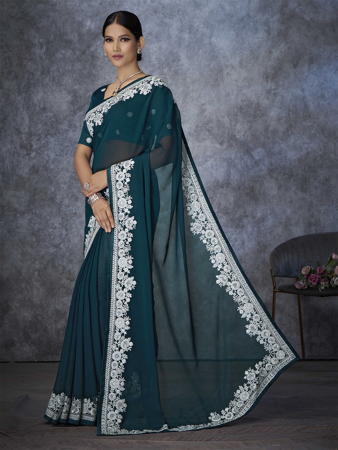 

Ethnielle Ethnic Motif Embroidered Sequinned Saree, Teal