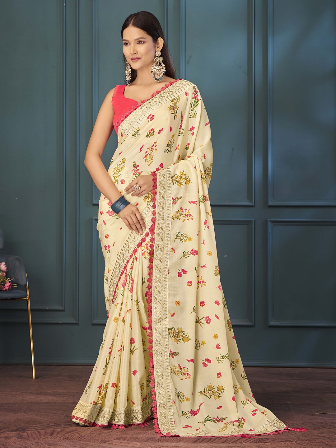 

Ethnielle Embroidered Floral Saree, Cream