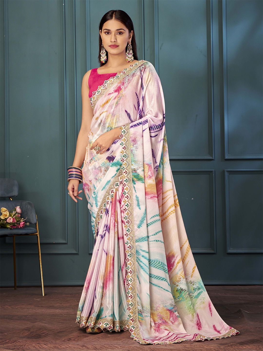 Ethnielle Floral Embroidered Pure Georgette Saree, White