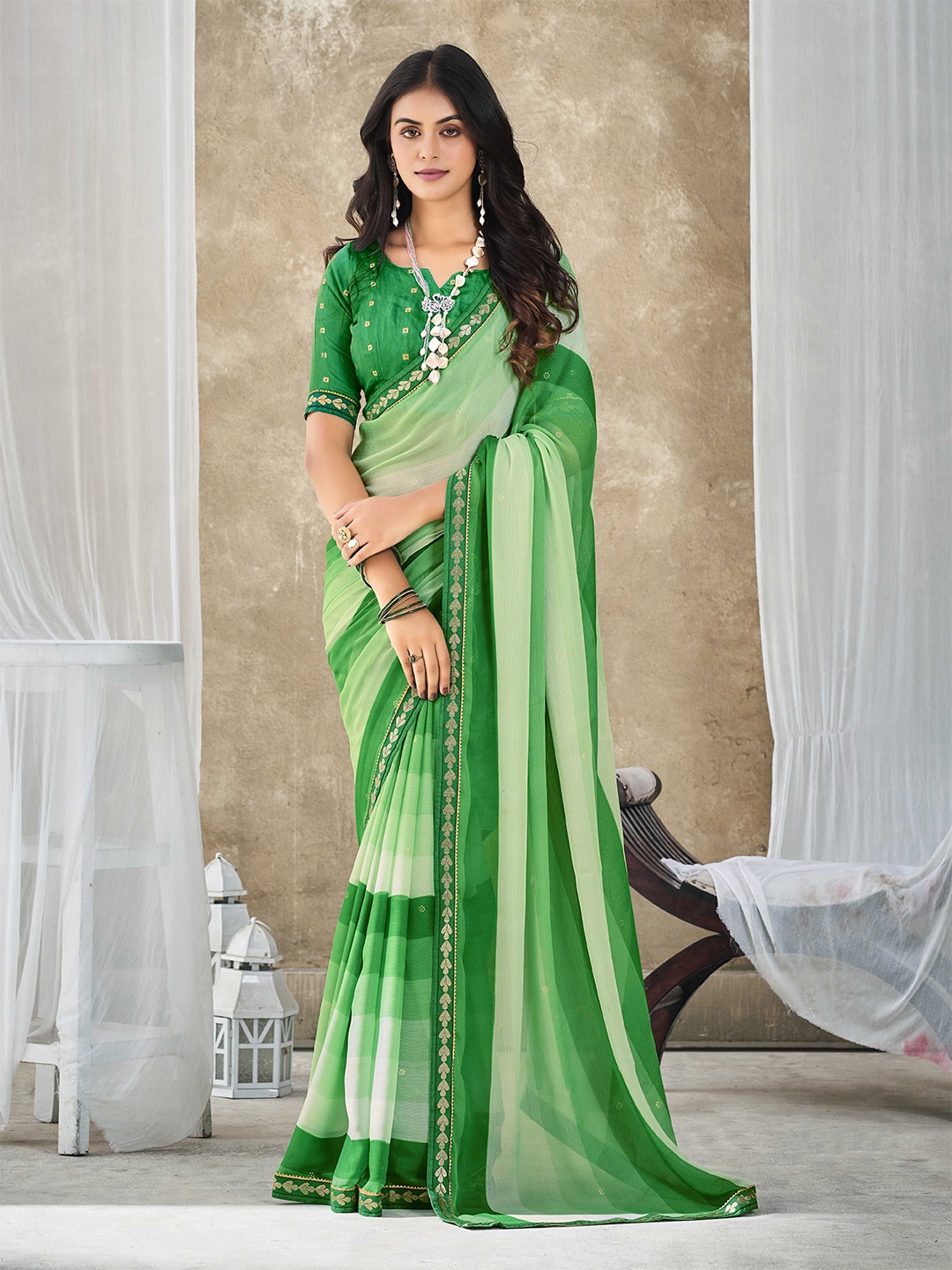 

Ethnielle Striped Sequinned Pure Chiffon Sambalpuri Saree, Green