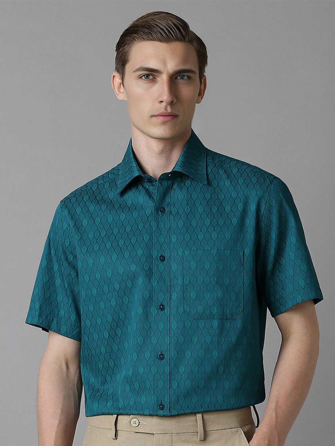 

Louis Philippe Men Spread Collar Abstract Printed Cotton Formal Shirt, Green