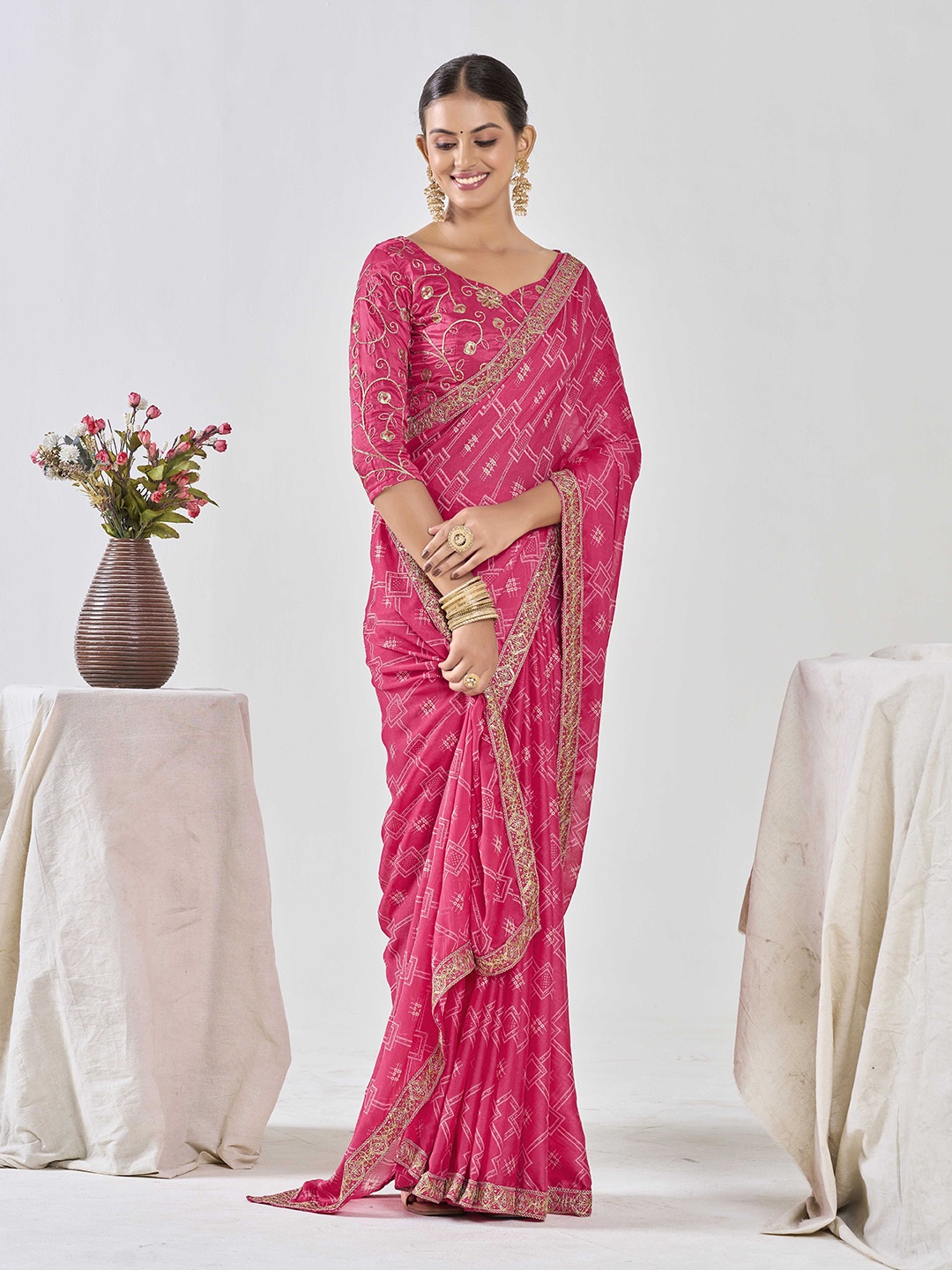 

Ethnielle Embroidered Pure Chiffon Bandhani Saree, Pink
