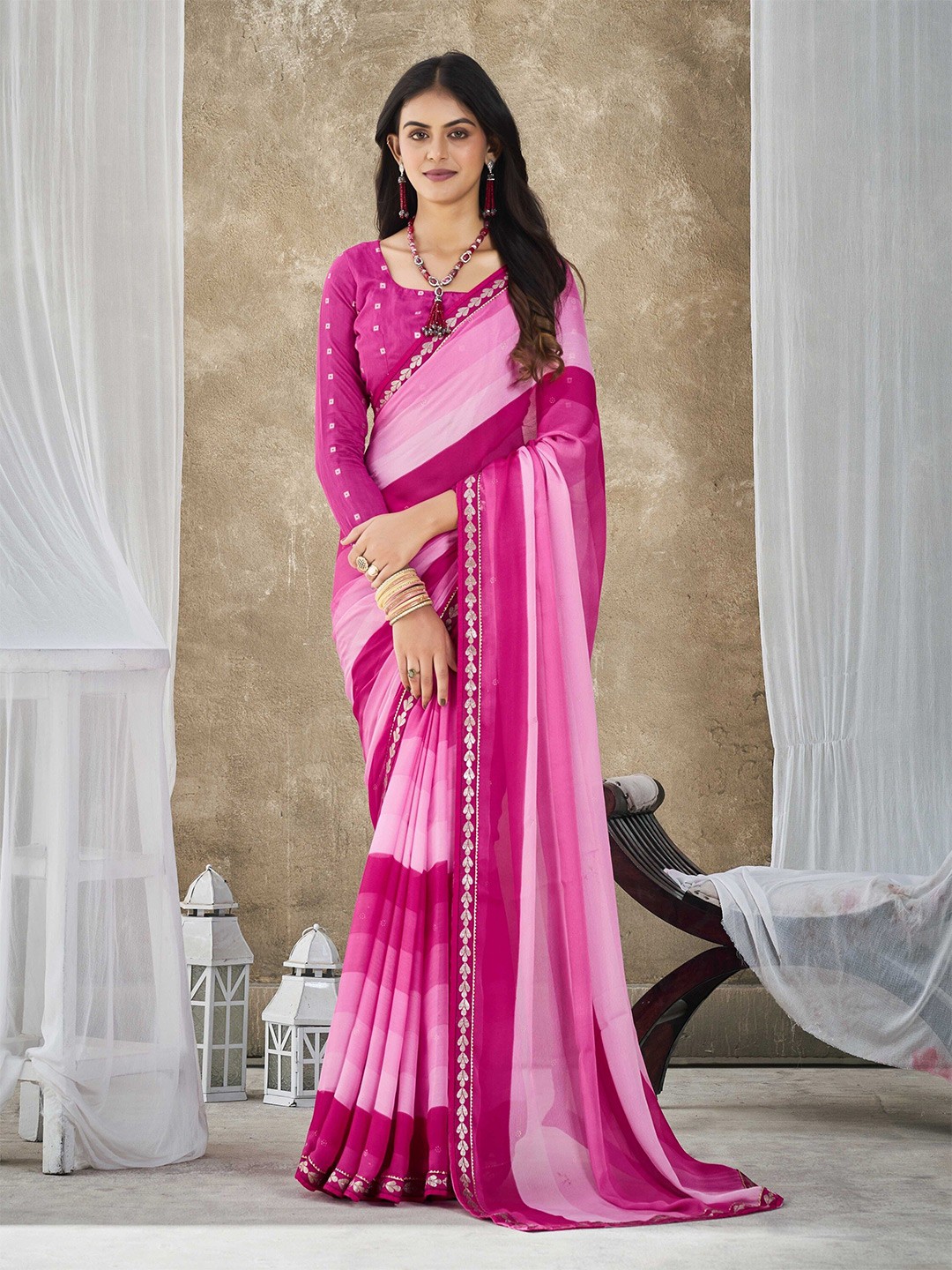 

Ethnielle Ombre Embroidered Pure Chiffon Saree, Pink