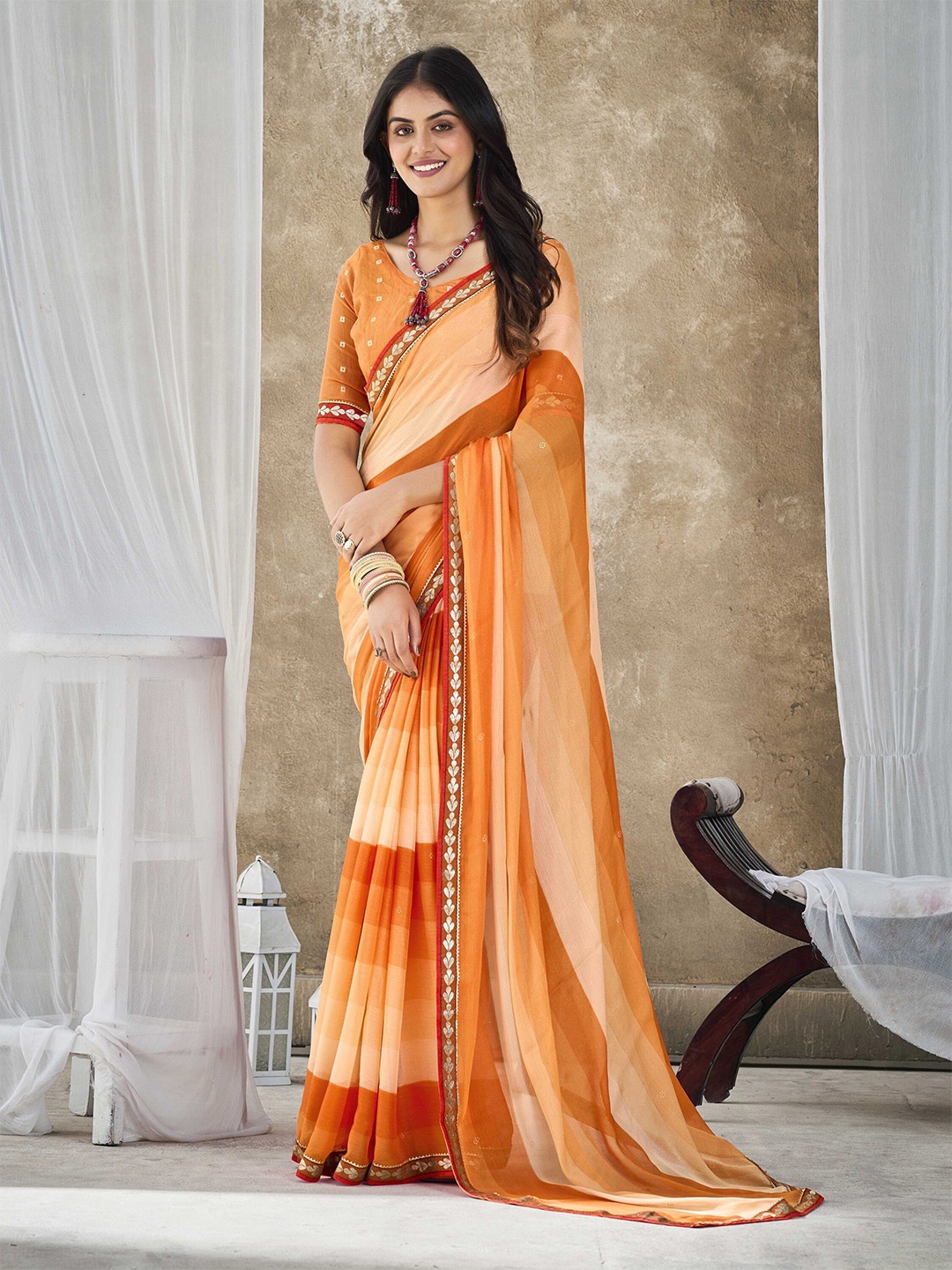 Ethnielle Color Blocked Embroidered Pure Chiffon Saree, Orange