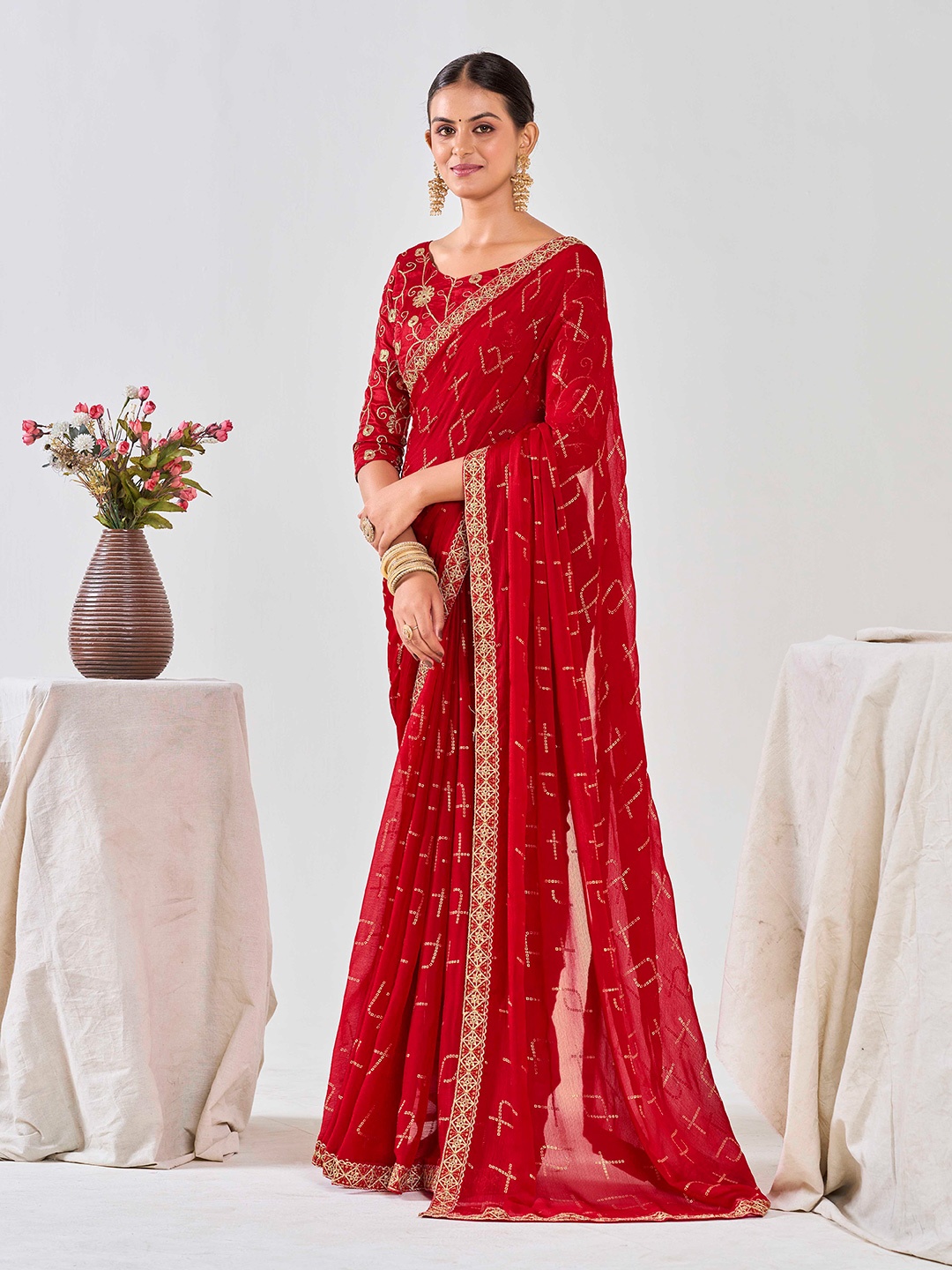 

Ethnielle Bandhani Embroidered Pure Chiffon Bandhani Saree, Red