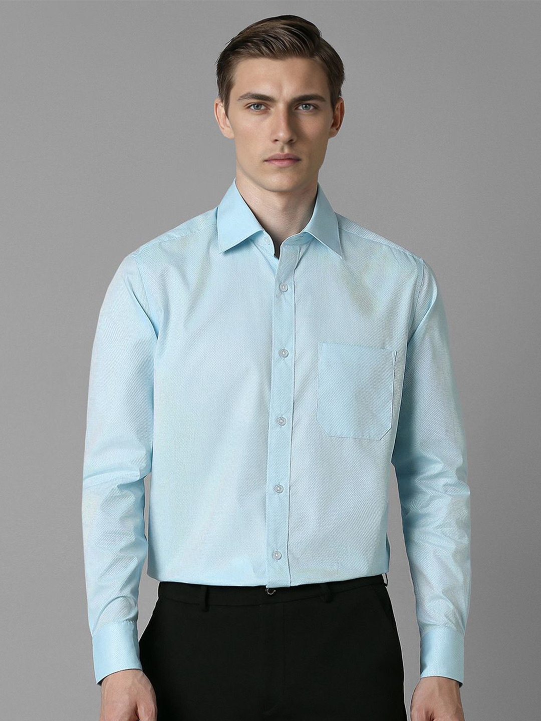 

Louis Philippe Men Spread Collar Textured Cotton Formal Shirt, Blue