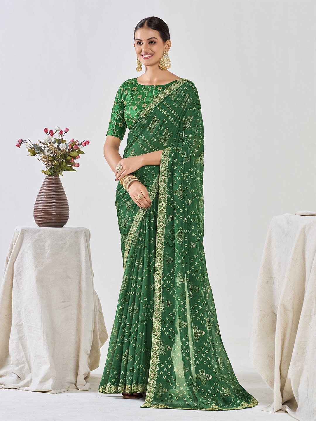 

Ethnielle Embroidered Pure Chiffon Bandhani Saree, Green