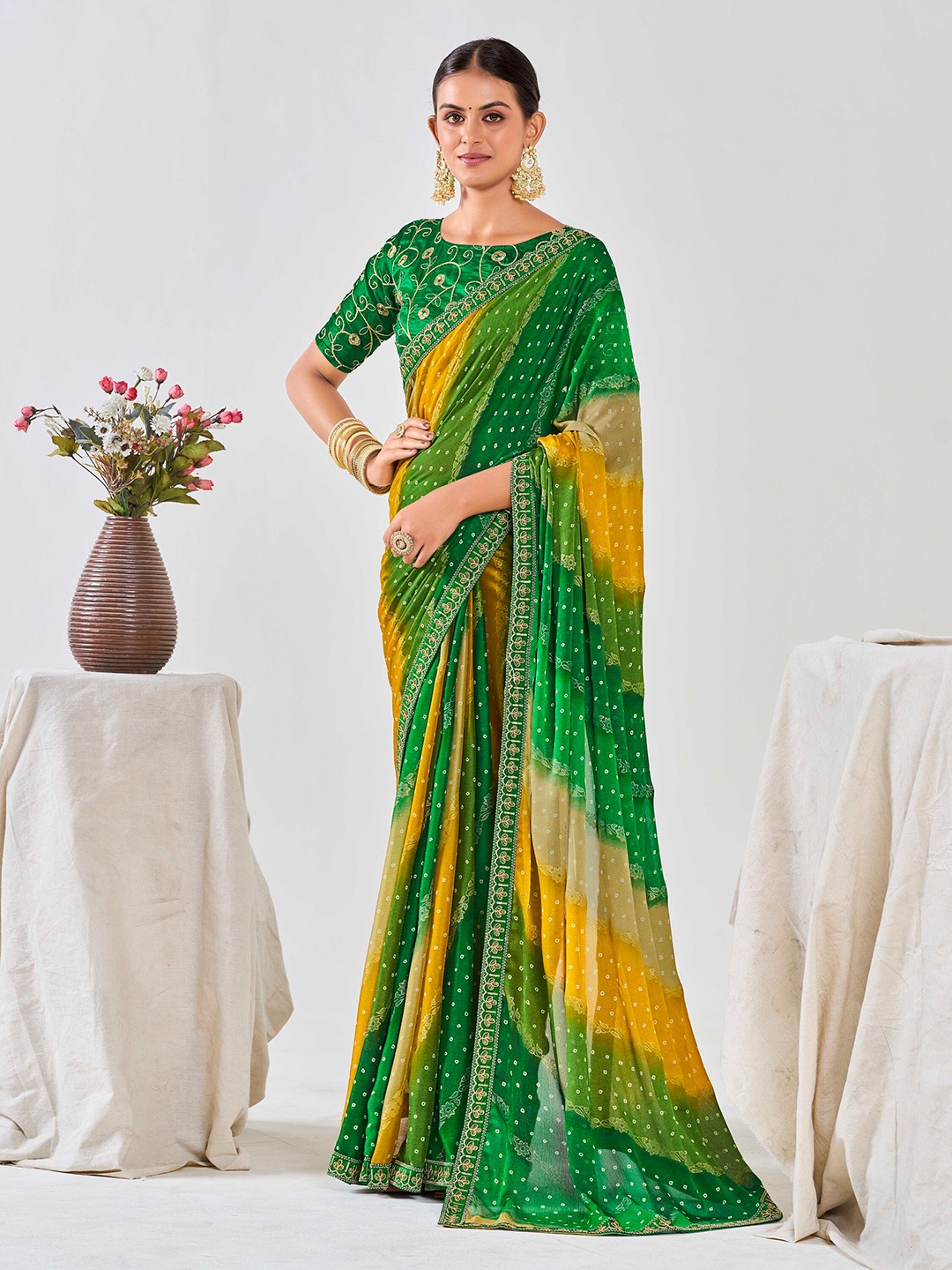 

Ethnielle Embroidered Pure Chiffon Bandhani Saree, Green