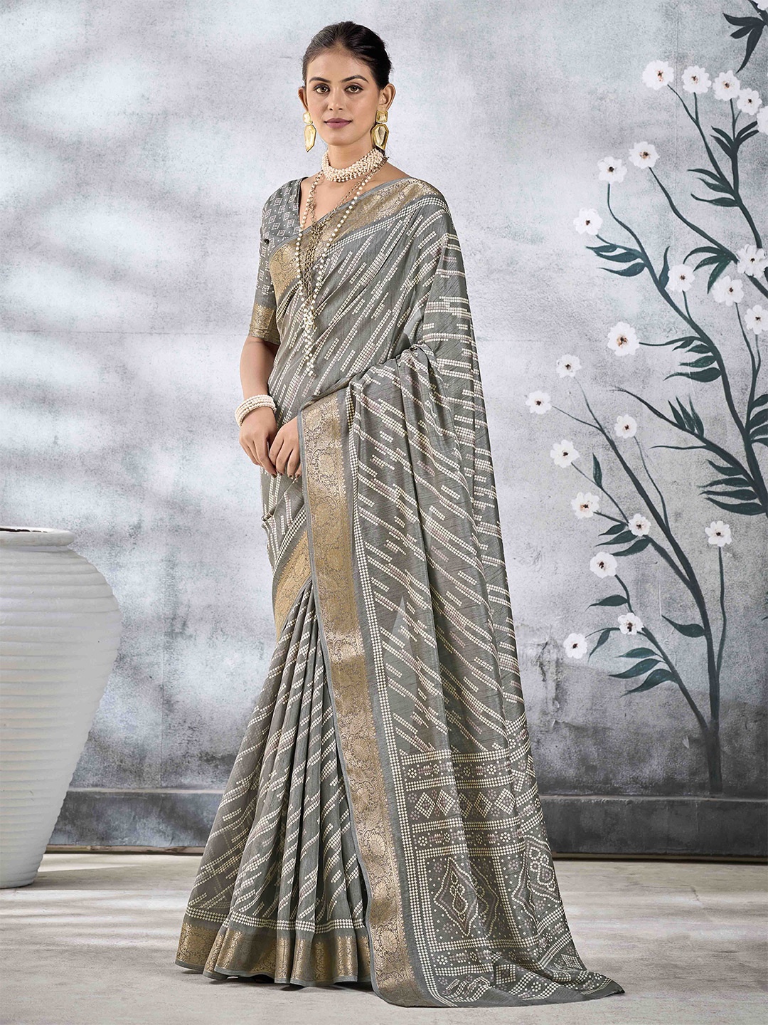 

Ethnielle Striped Zari Woven Patola Saree, Grey