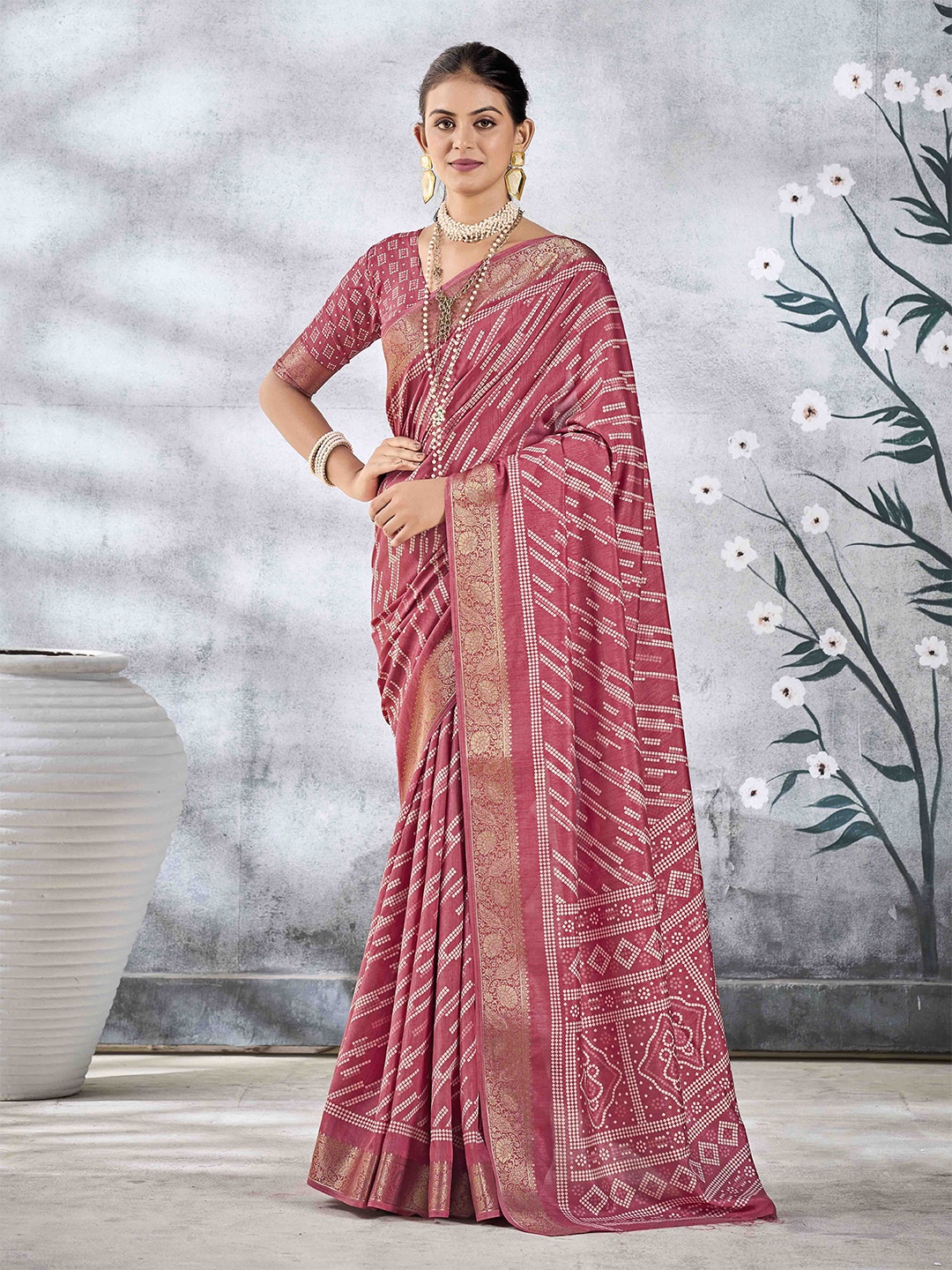

Ethnielle Zari Block Print Saree, Pink