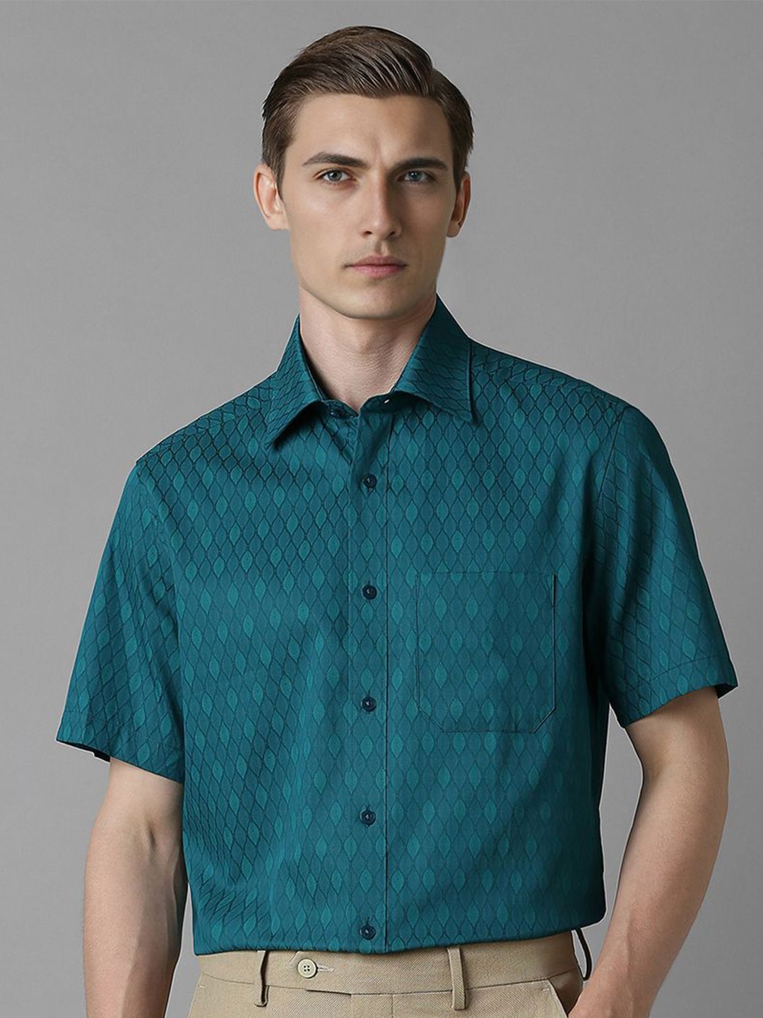 

Louis Philippe Men Spread Collar Abstract Printed Cotton Formal Shirt, Green