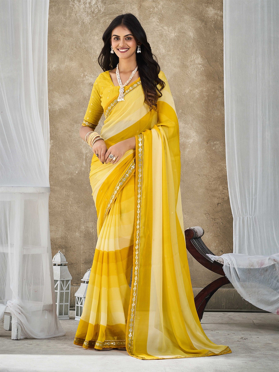 

Ethnielle Colorblocked Embroidered Pure Chiffon Saree, Yellow