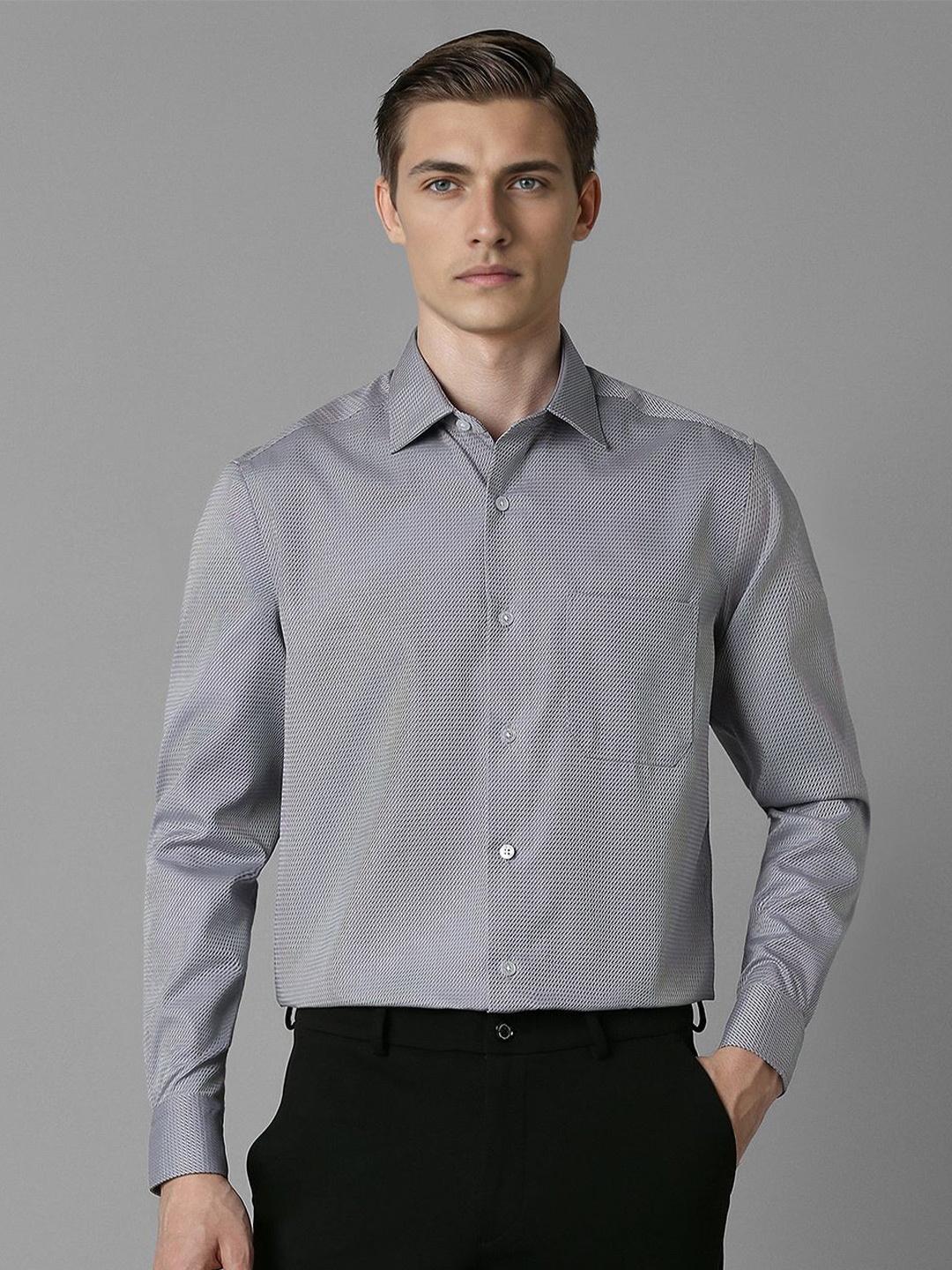

Louis Philippe Men Spread Collar Textured Cotton Formal Shirt, Grey