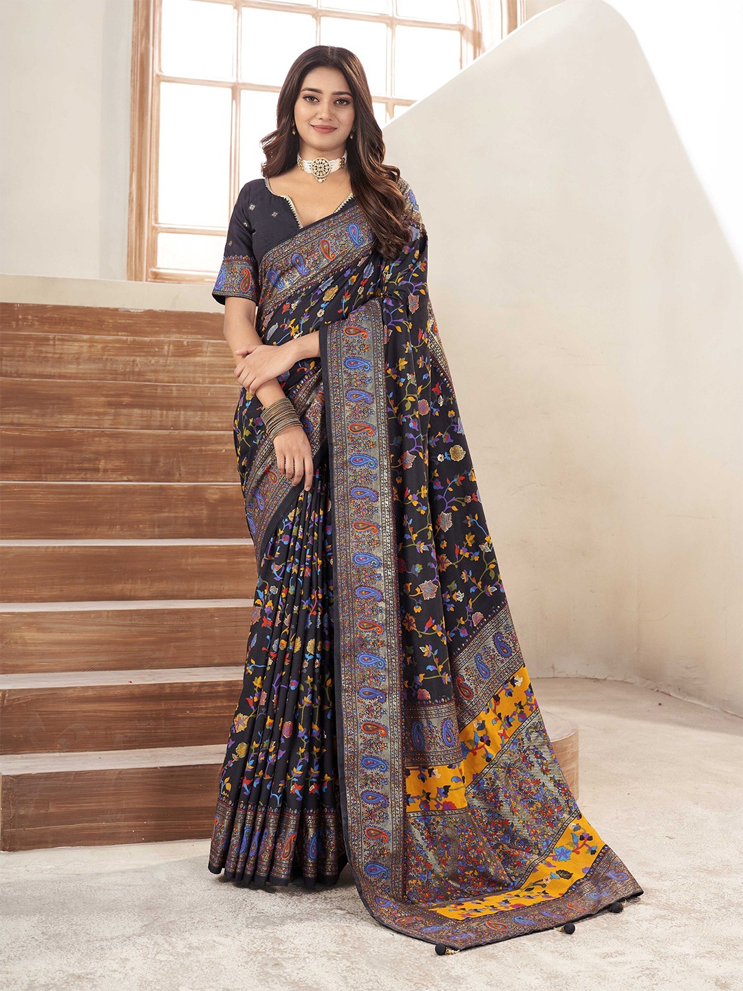 

Ethnielle Woven Design Zari Bagh Saree, Black