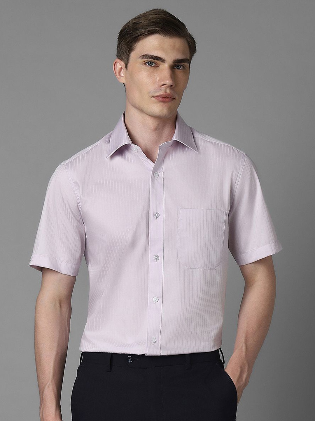 

Louis Philippe Men Spread Collar Striped Cotton Formal Shirt, Purple