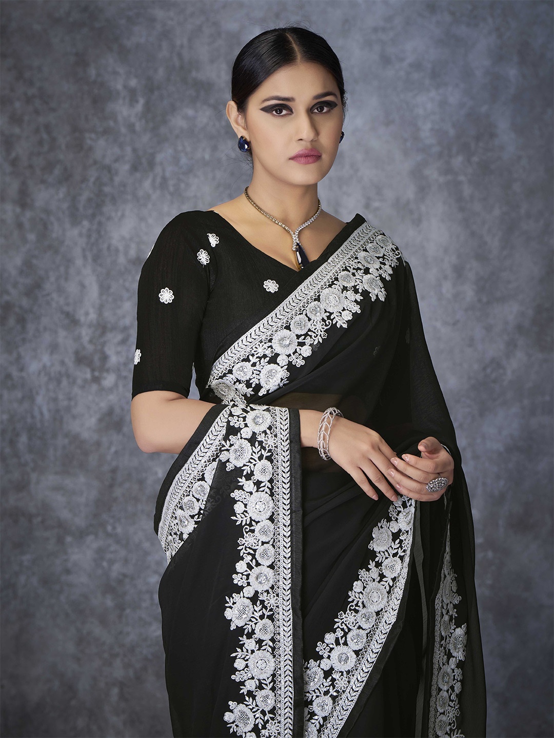 

Ethnielle Floral Embroidered Saree, Black