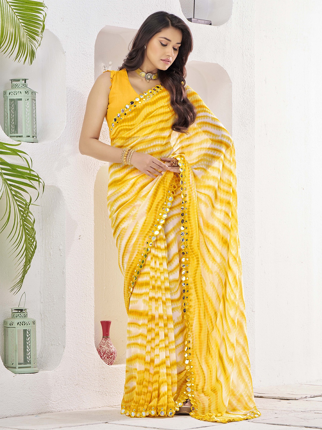 

Ethnielle Mirror Work Leheriya Saree, Yellow