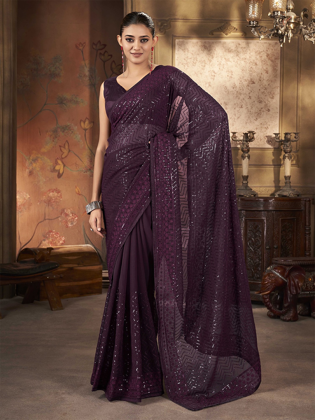 

Ethnielle Embellished Sequinned Pure Georgette Saree, Purple