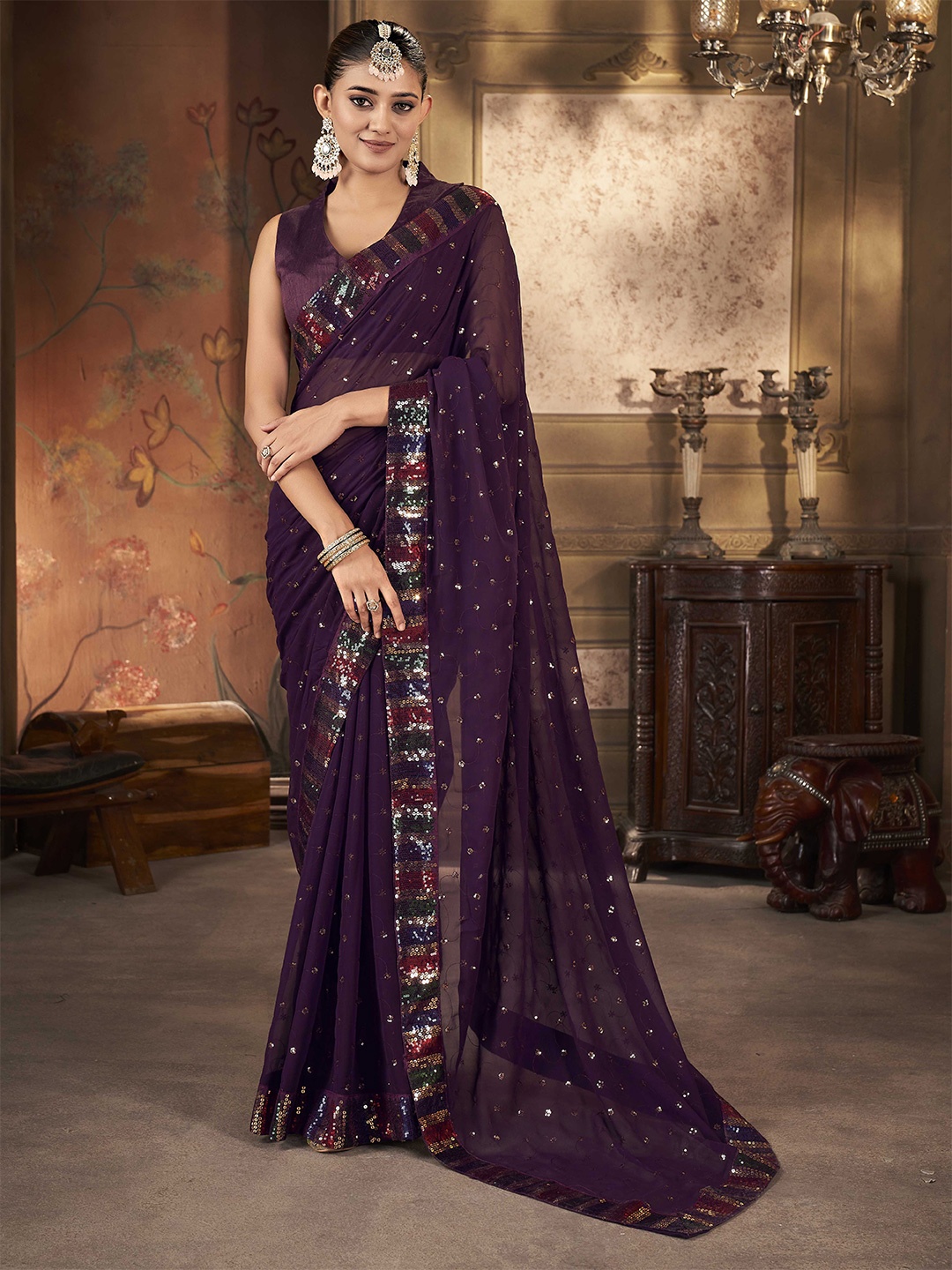 

Ethnielle Embellished Sequinned Pure Georgette Saree, Purple