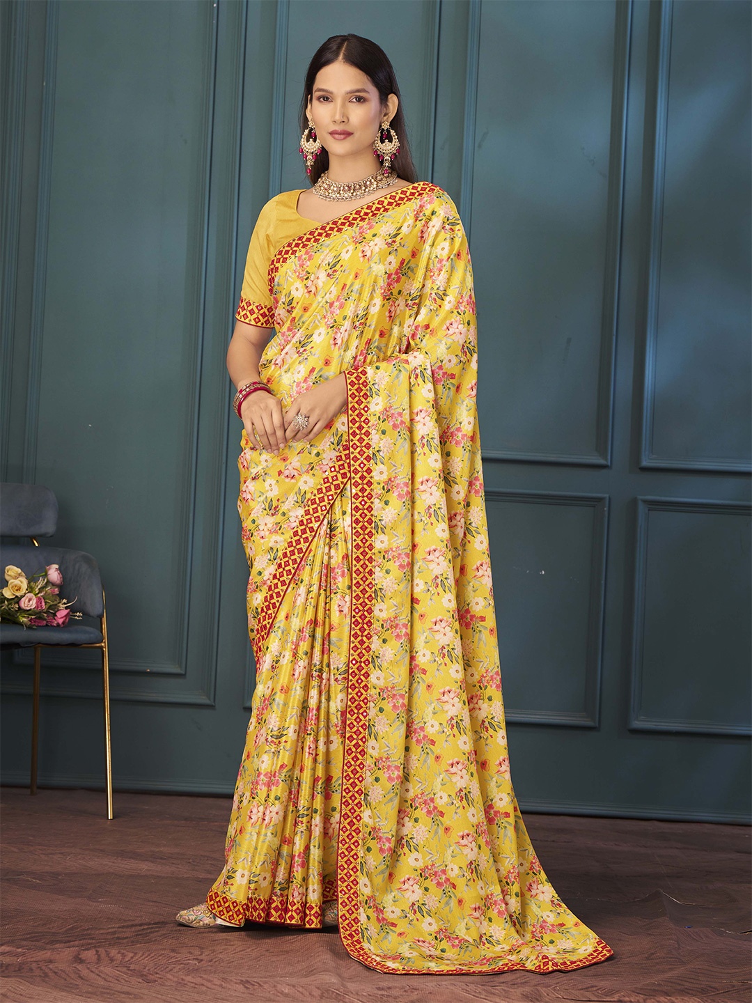 

Ethnielle Floral Sequinned Saree, Yellow