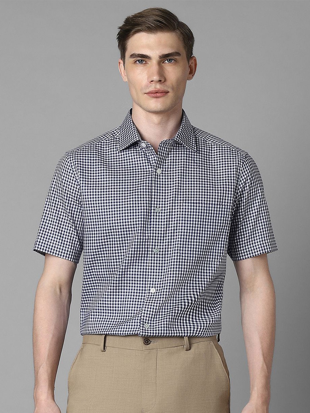 

Louis Philippe Men Spread Collar Micro Checked Cotton Formal Shirt, Navy blue