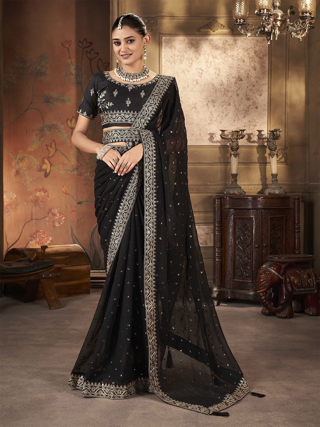 Ethnielle Floral Embroidered Saree, Black