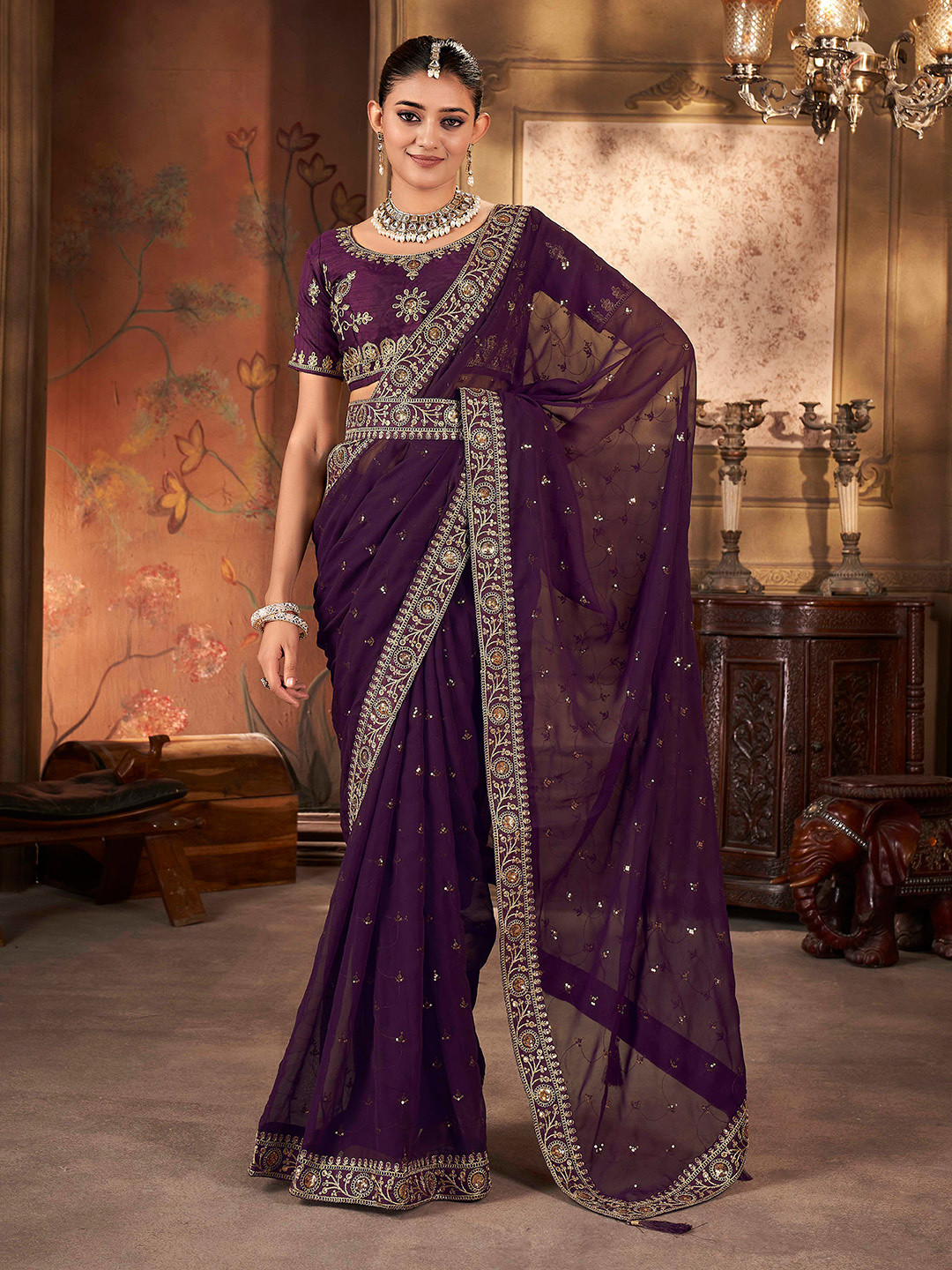 

Ethnielle Embellished Sequinned Saree, Purple