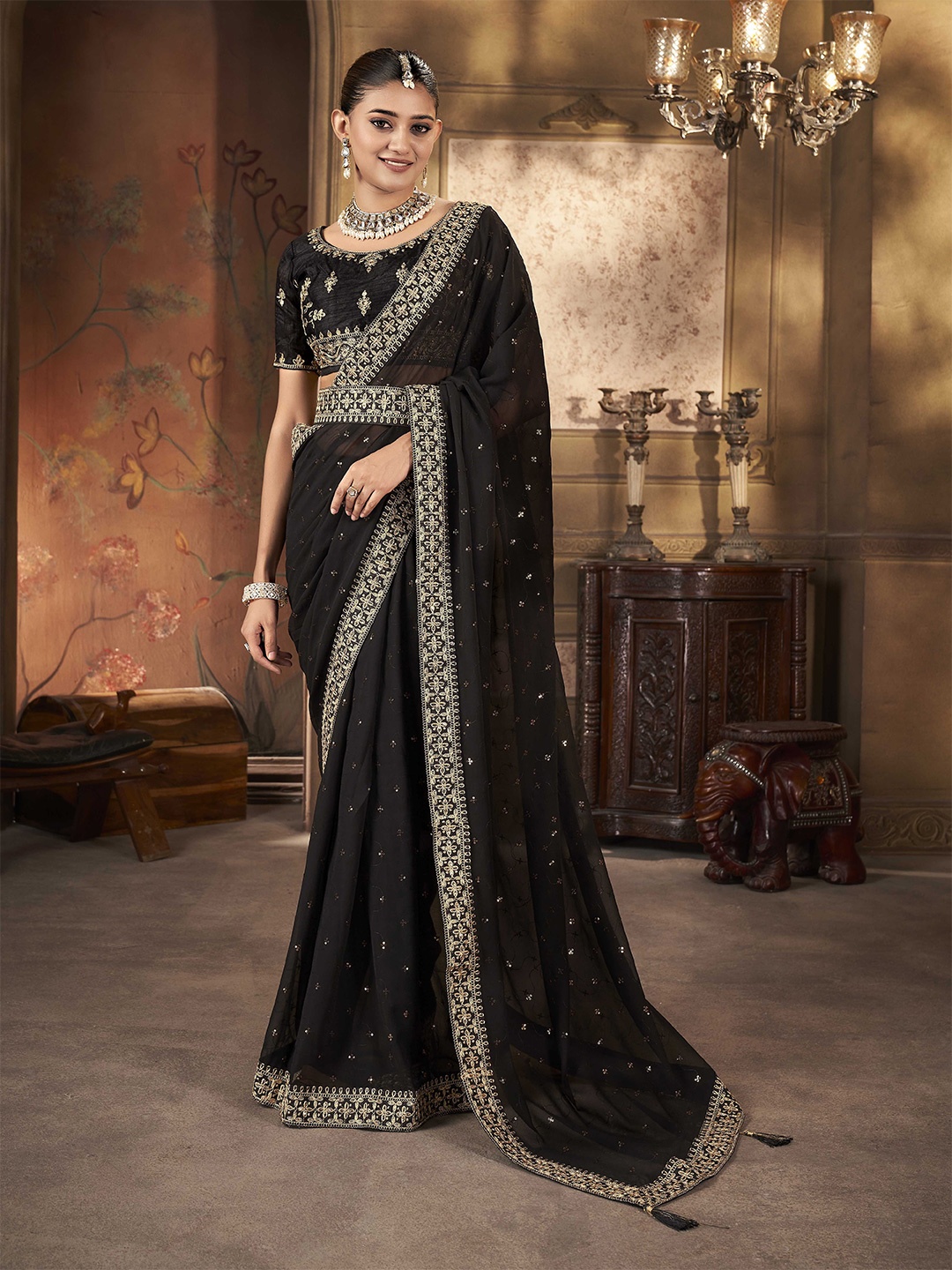 Ethnielle Floral Embroidered Saree, Black