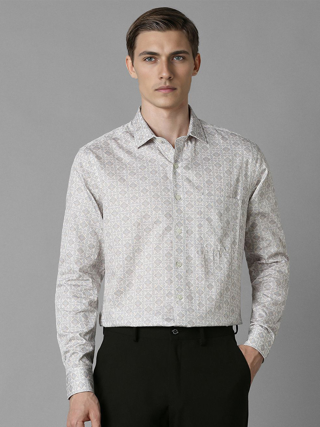 

Louis Philippe Men Spread Collar Abstract Printed Cotton Slim Fit Formal Shirt, Grey