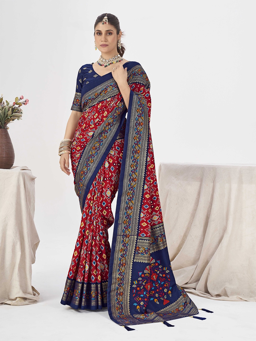 

Ethnielle Ethnic Motifs Zari Woven Patola Saree, Red