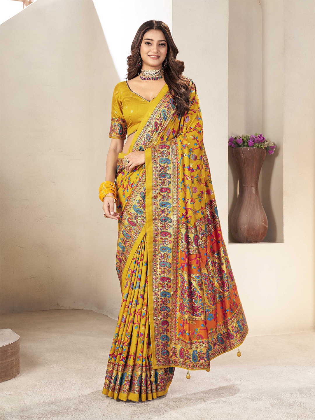 

Ethnielle Ethnic Motif Woven Design Bagh Saree, Mustard