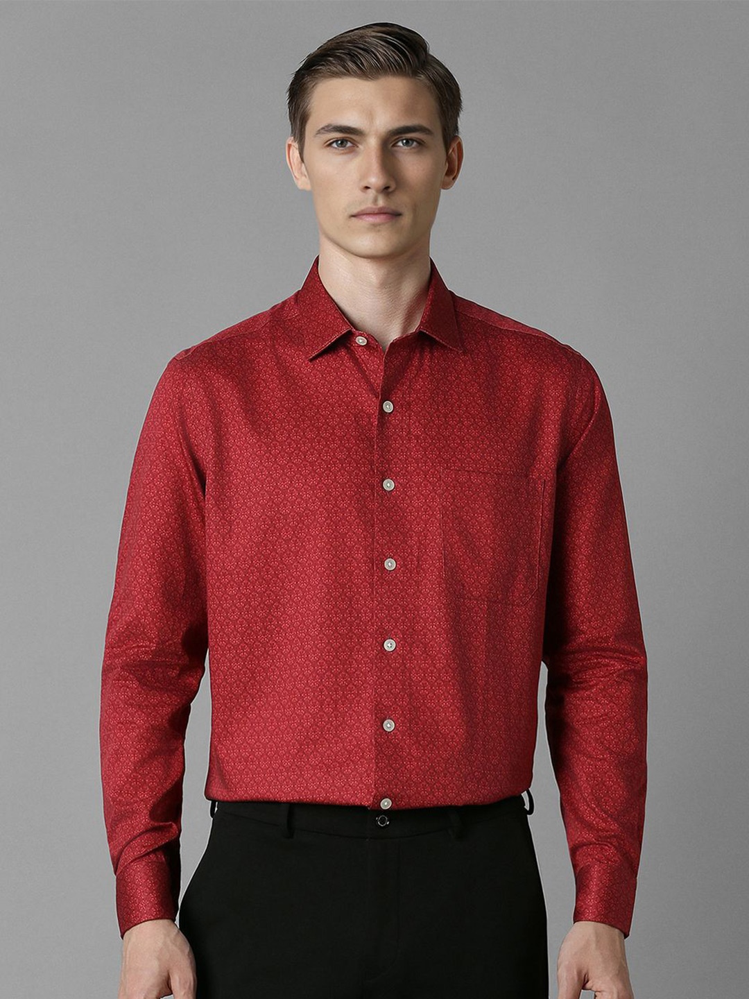

Louis Philippe Men Spread Collar Abstract Printed Cotton Slim Fit Formal Shirt, Red