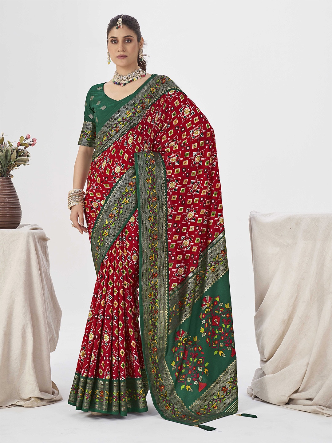 

Ethnielle Ethnic Motifs Zari Woven Patola Saree, Red